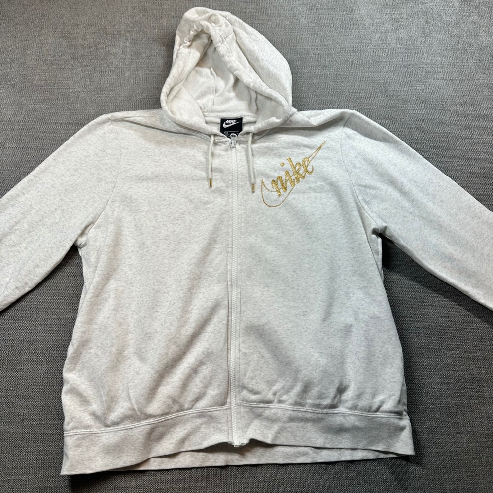 Nike Full Zip Hoodie Womens XL Heather Gray Gold Glitter Script Logo